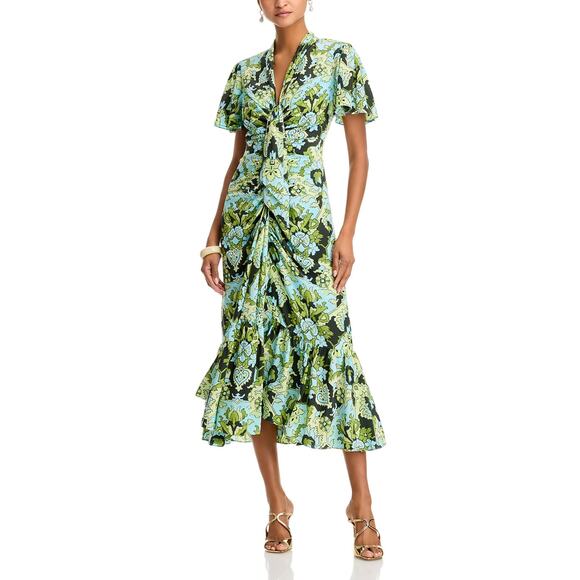 cinq a sept Dresses & Skirts - Cinq à Sept Midi Dress Damask Floral Tie Neck Ruched Size 8